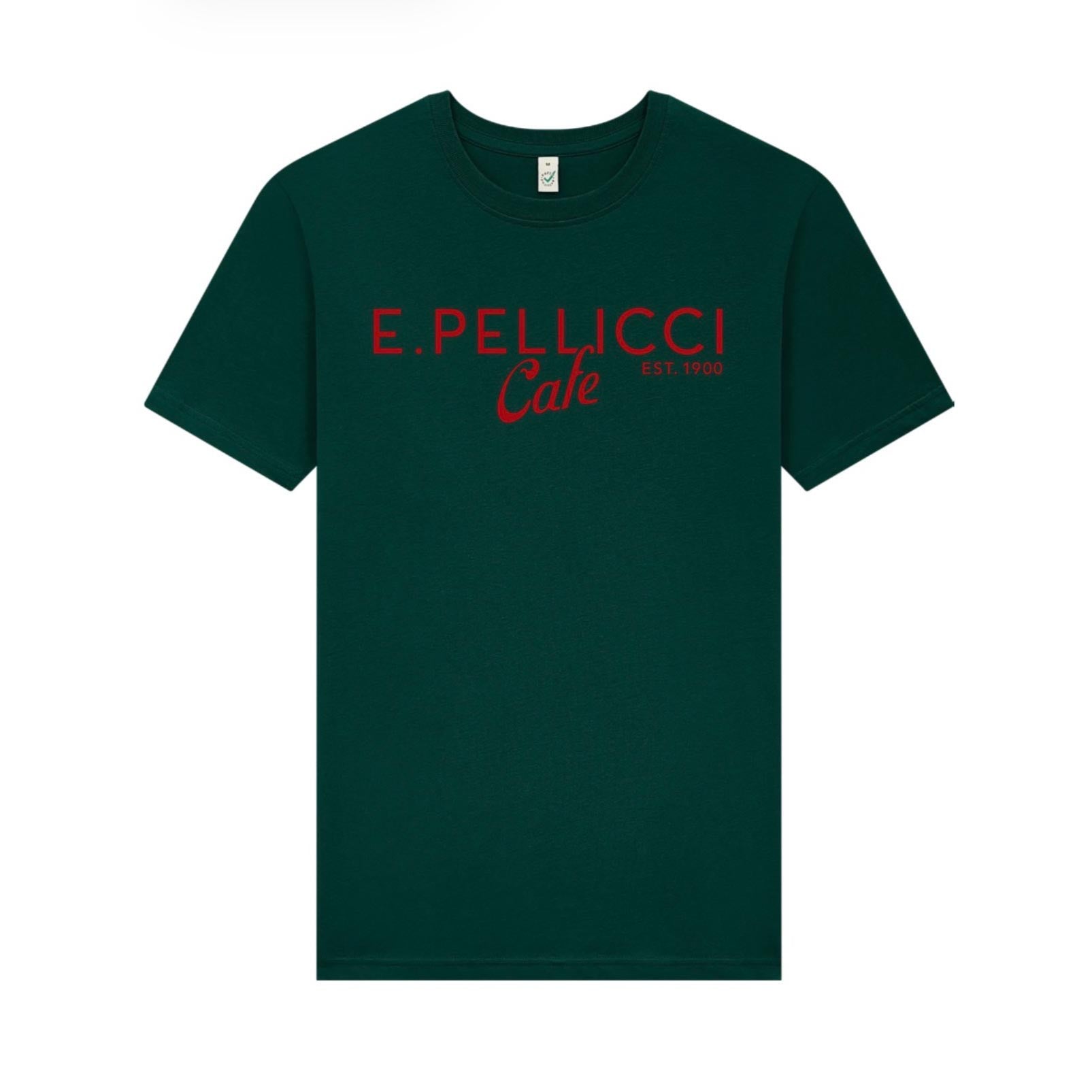 NEW E.PELLICCI LOGO T SHIRT – RED ON BOTTLE GREEN