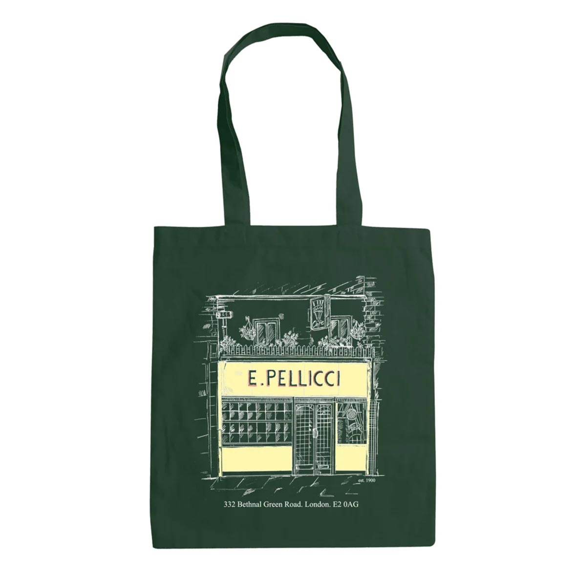 E.PELLICCI CAFE FRONT SCREEN PRINTED TOTE BAG – BOTTLE GREEN
