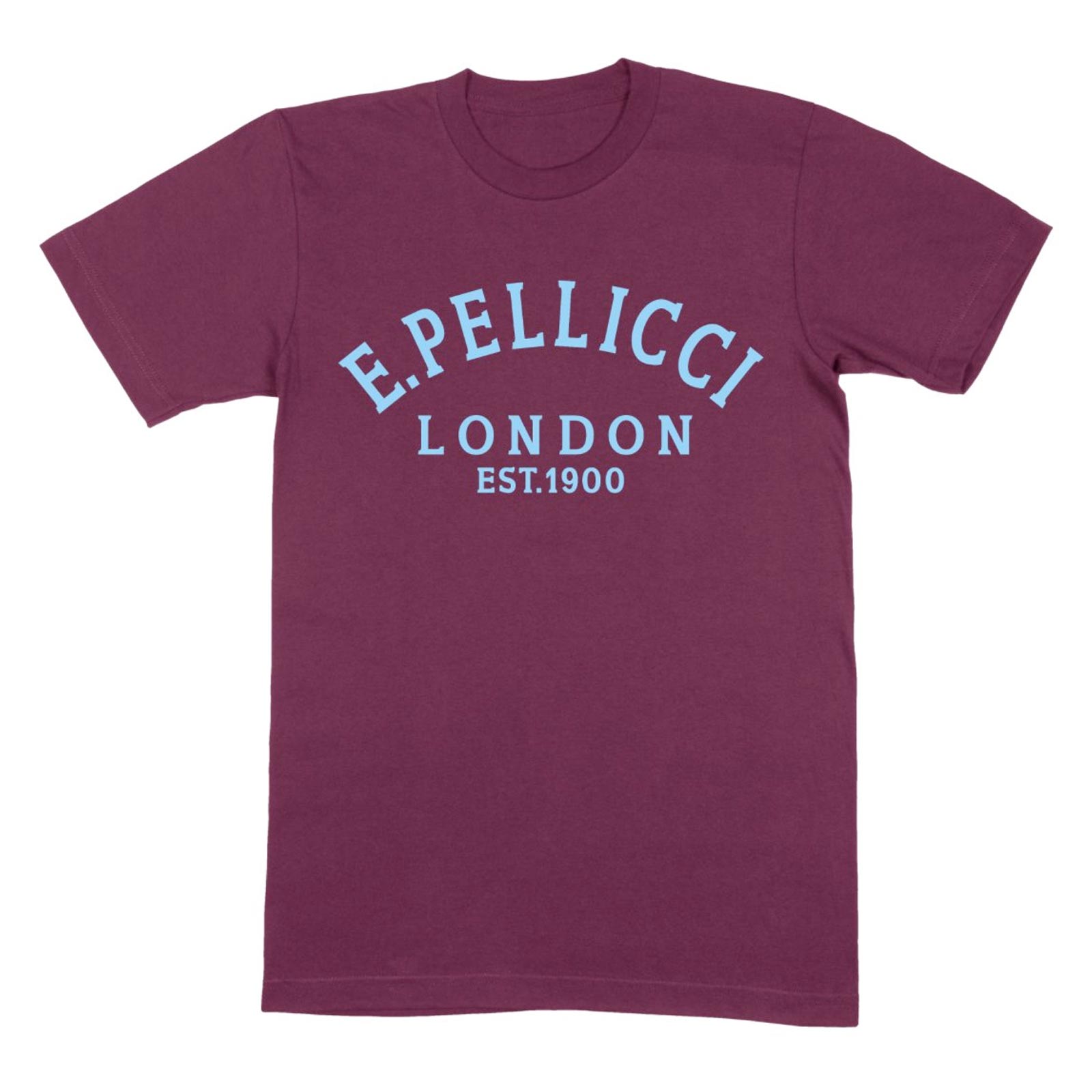 PELLICCI LOGO T SHIRT – CLARET WITH LIGHT BLUE LOGO
